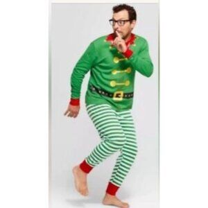 Wondershop Mens Elf Pajama Set Size M 100% Cotton Green Stripe & Red Trim